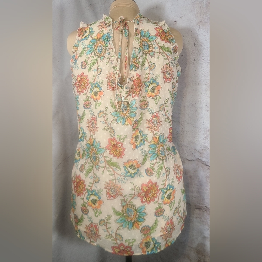 Cream Peach Orange Blue Floral Sleeveless Top V-neck Tie Back 22/24W 3X Ruffles - Picture 2 of 5